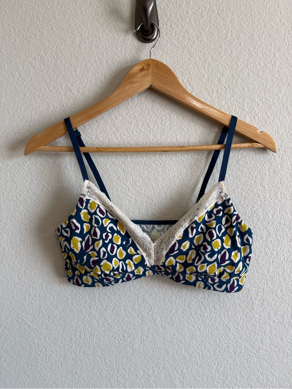 ThirdLove Navy Multicolor Lace Bralette Wireless Bra Soft Cotton Blend Sz Large